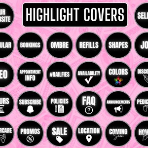 May include: A collection of black and white Instagram highlight covers with various text labels, including "Our Website," "Popular," "Bookings," and "Selfies." The background is a pink and white pattern.