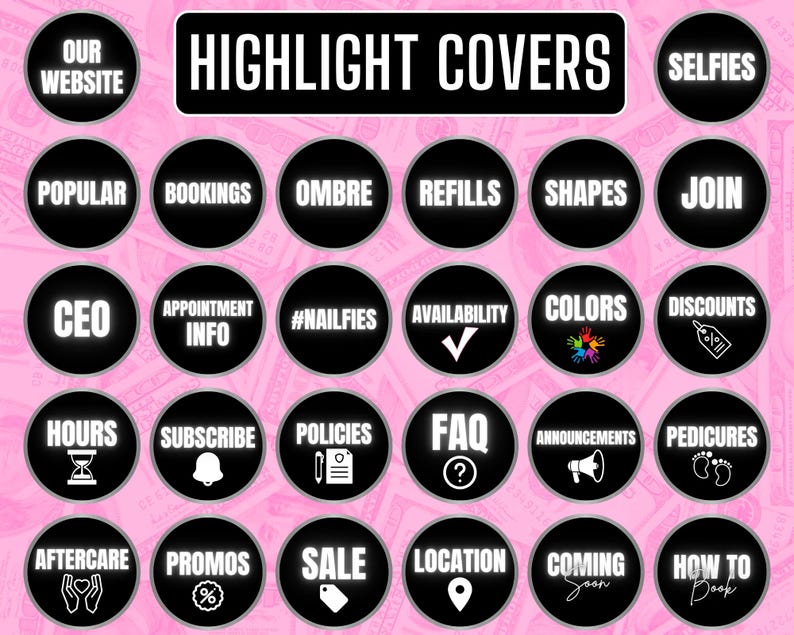 May include: A collection of black and white Instagram highlight covers with various text labels, including "Our Website," "Popular," "Bookings," and "Selfies." The background is a pink and white pattern.