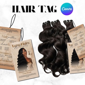 May include: Three dark brown wavy hair extension bundles displayed alongside two rectangular product tags. The tags feature the text Luxe Hairs by HainaVolay, Elegance Woven Into A Every Strand, hair pattern, hair size, and maintenance guide.