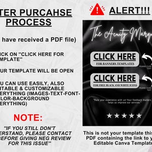 May include: A black and white graphic with the text "ALERT!!!" and "The Acuity Marquee." It includes instructions on the purchase process, with "CLICK HERE" buttons for templates and icons. The image also contains a note about contacting the seller.
