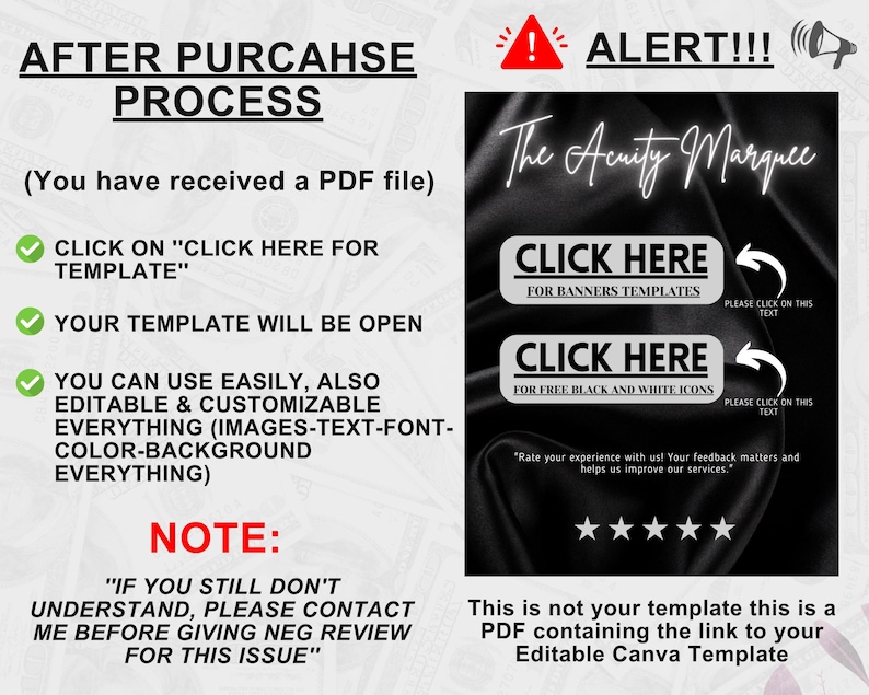 May include: A black and white graphic with the text "ALERT!!!" and "The Acuity Marquee." It includes instructions on the purchase process, with "CLICK HERE" buttons for templates and icons. The image also contains a note about contacting the seller.