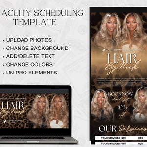 May include: A laptop displays a "Hair by Nick" booking site, with a promotional flyer featuring two women with long blonde hair. The flyer includes text: "Book Now and Get 10% off Our Services."