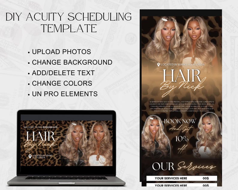 May include: A laptop displays a "Hair by Nick" booking site, with a promotional flyer featuring two women with long blonde hair. The flyer includes text: "Book Now and Get 10% off Our Services."