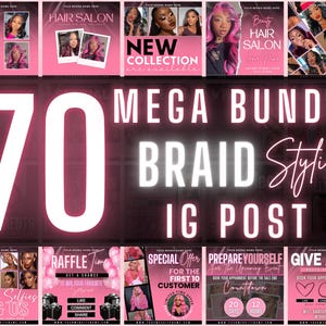 Op de afbeelding: Een verzameling roze en zwarte Instagram post templates voor een kapsalon. De tekst bevat "Beauty Hair Salon", "Hair Salon", "New Collection", "Mega Bundle", "Braid Stylist" en "IG Post". Extra tekst: "Raffle Time", "Special Offer" en "Give Away".