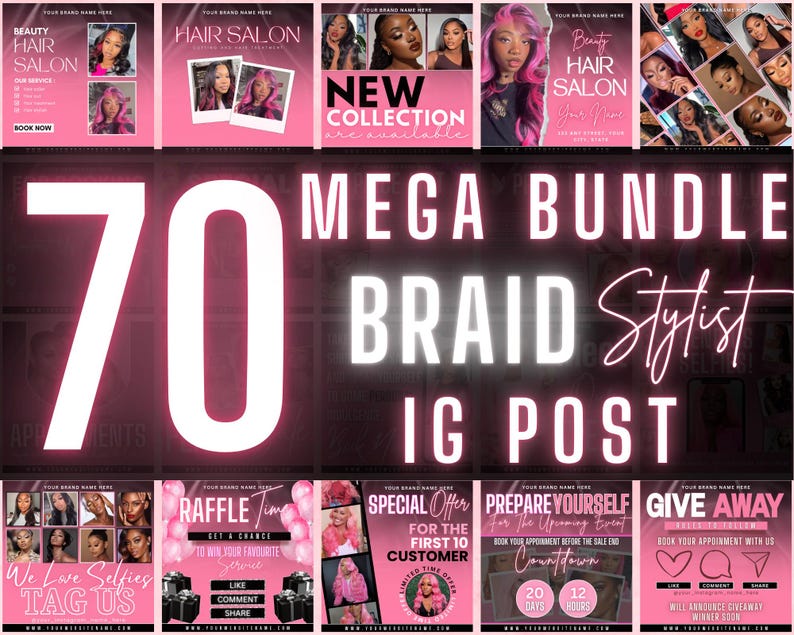 Op de afbeelding: Een verzameling roze en zwarte Instagram post templates voor een kapsalon. De tekst bevat "Beauty Hair Salon", "Hair Salon", "New Collection", "Mega Bundle", "Braid Stylist" en "IG Post". Extra tekst: "Raffle Time", "Special Offer" en "Give Away".