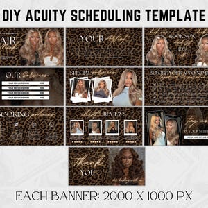 May include: A digital template for Acuity Scheduling, featuring a leopard print background and various sections for hair services. The template includes sections for booking, services, reviews, and before-appointment information. Text includes "Hair by Nick" and "Tag us in your selfies."