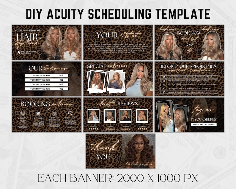 May include: A digital template for Acuity Scheduling, featuring a leopard print background and various sections for hair services. The template includes sections for booking, services, reviews, and before-appointment information. Text includes "Hair by Nick" and "Tag us in your selfies."