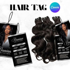 Peut inclure: Extensions de cheveux ondulés brun foncé présentées avec deux étiquettes rectangulaires noires portant le texte Premium Hair Extension, un guide d'entretien et des cases à cocher pour la taille et le style, avec un logo Canva en haut.