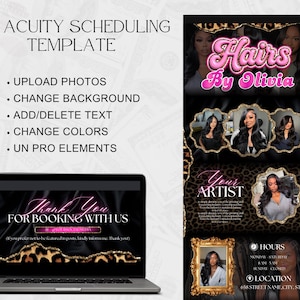 May include: A digital DIY Acuity scheduling template displayed on a laptop screen and a vertical flyer. The design features black backgrounds, leopard print accents, and pink text. It includes sections for business branding, photos, hours, and location.