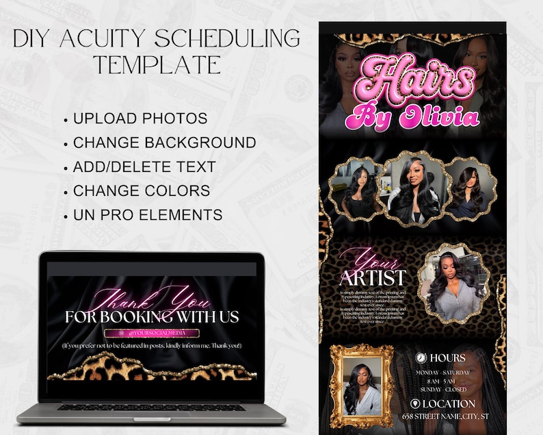 May include: A digital DIY Acuity scheduling template displayed on a laptop screen and a vertical flyer. The design features black backgrounds, leopard print accents, and pink text. It includes sections for business branding, photos, hours, and location.