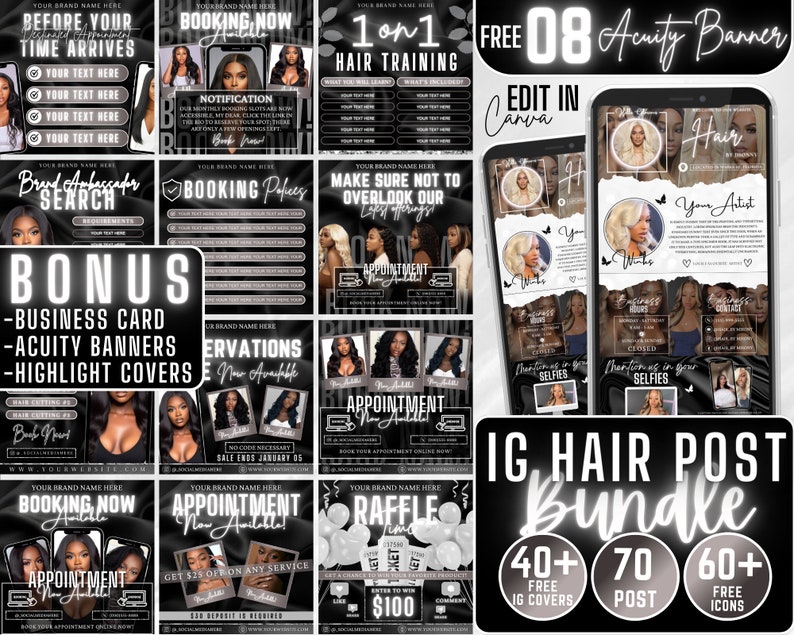 Hair Instagram Templates Free Acuity, Free Covers, Hair Instagram Post, Hairstylist Instagram Template, Branding Kit Hair,Free Hair Icons