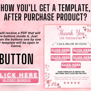 Op de afbeelding: Roze en witte digitale sjablooninstructies met de tekst "How You'll Get a Template, After Purchase Product?" en "Thank You For Purchasing." Bevat roze knoppen met tekst als "IG Post Bundle" en "Highlights Covers."