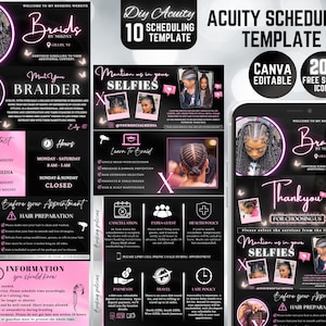 May include: A black and pink digital template for scheduling appointments for braiding services. The template includes a welcome message, contact information, a list of services, and a section for booking appointments. The template is designed to be used with Canva and includes 20+ free social icons.