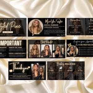May include: A black and gold graphic design for a hair salon called "Styled Pixie" by Lucia. The design includes a website address, business hours, contact information, and important information for clients before their appointment.
