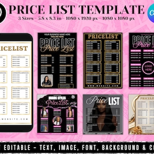 May include: Ten price list templates with diverse designs are displayed. The templates feature text like "Price List", "Basic Services", and "Premium Services". The templates are fully editable and available in three sizes: 14.7 x 21.1 cm, 1080 x 1920 px, and 1080 x 1080 px.