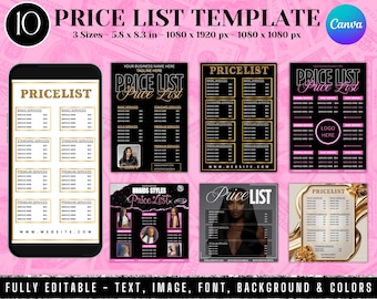 10 Price List Template,Editable Price List Template Canva,Beauty Salon, Nail Makeup Hair Stylist, Bundle price list, Printable Pricing Guide