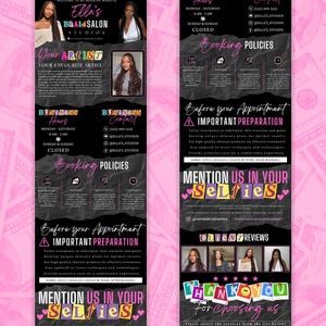 Op de afbeelding: Een promotieflyer voor Ella's Braids Salon Studios, met afbeeldingen van de artiesten en diensten van de salon. De flyer bevat openingstijden, contactgegevens, boekingsbeleid en een oproep om de salon in selfies te vermelden.