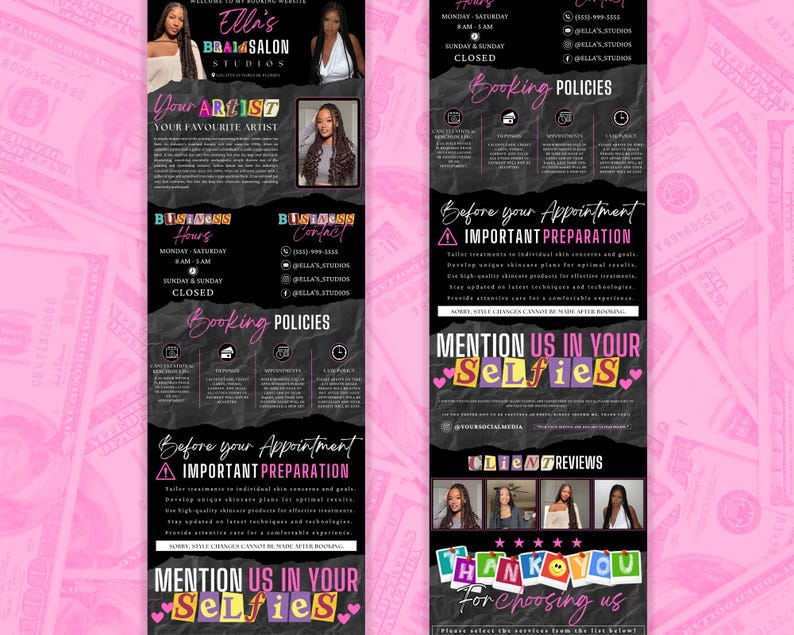 Op de afbeelding: Een promotieflyer voor Ella's Braids Salon Studios, met afbeeldingen van de artiesten en diensten van de salon. De flyer bevat openingstijden, contactgegevens, boekingsbeleid en een oproep om de salon in selfies te vermelden.