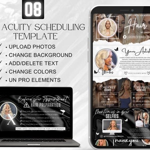 Puede incluir: Una plantilla digital en blanco y negro para programar citas. La plantilla presenta un fondo negro con texto e im&aacute;genes blancas. El texto incluye "DIY Acuity Scheduling Template", "Upload Photos", "Change Background", "Add/Delete Text", "Change Colors", "Un Pro Elements", "Before your Appointment", "Hair Preparation", "Business Hours", "Business Contact", "Mention us in your Selfies", "@YourSocialMedia", y "Thank you".