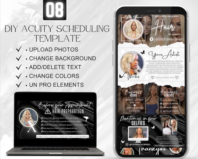 Puede incluir: Una plantilla digital en blanco y negro para programar citas. La plantilla presenta un fondo negro con texto e im&aacute;genes blancas. El texto incluye "DIY Acuity Scheduling Template", "Upload Photos", "Change Background", "Add/Delete Text", "Change Colors", "Un Pro Elements", "Before your Appointment", "Hair Preparation", "Business Hours", "Business Contact", "Mention us in your Selfies", "@YourSocialMedia", y "Thank you".