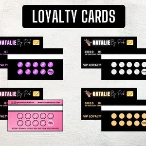 May include: Black and pink VIP loyalty cards with the text "LOYALTY CARDS". The cards feature a logo, a discount card number, and a stamp area. Some cards have purple stamps, others have white or gold stamps.