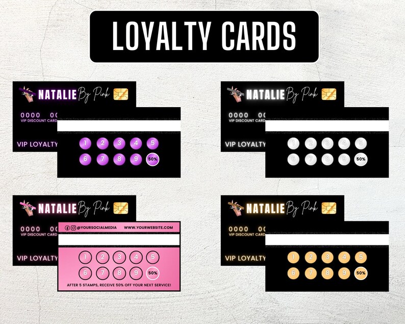 May include: Black and pink VIP loyalty cards with the text "LOYALTY CARDS". The cards feature a logo, a discount card number, and a stamp area. Some cards have purple stamps, others have white or gold stamps.