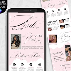 Könnte beinhalten: Ein Smartphone zeigt eine rosa und weiße Werbung für ein Nagelstudio. Die Anzeige enthält den Text "Nails by Amelia", ein Foto einer Frau und Buchungsrichtlinien. Ein separater Flyer zeigt Kundenbewertungen und Nagelkunstfotos.