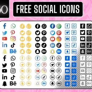 May include: A collection of 60 free social media icons in various colors and styles, including Facebook, Twitter, Pinterest, Instagram, YouTube, LinkedIn, TikTok, Snapchat, and Behance. The icons are arranged in a grid layout.