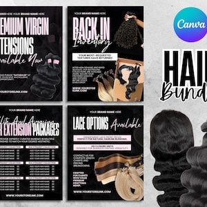 May include: An advertisement for hair extensions, showcasing bundles of black, wavy hair. The image includes text promoting premium virgin extensions, hair extension packages, and lace options. The words "Hair Bundle" are displayed in large, stylized letters.