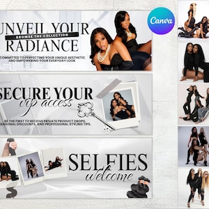 May include: A promotional image with the text "Unveil Your Radiance" and "Secure Your VIP Access". The image features multiple photos of women in black outfits, promoting beauty and style.