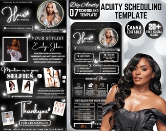 May include: Black and white template for scheduling appointments. The template features a stylized image of hair, the text "Hair by MHONY", and the words "Acuity Scheduling Template".