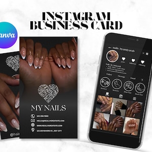 Op de afbeelding: Een zwart visitekaartjesontwerp met een hartvormige QR-code, de tekst MY NAILS, contactgegevens en een smartphone die een Instagram-profiel voor Nails By Amiyarah toont met een raster van nagelfoto's en ronde service-iconen.