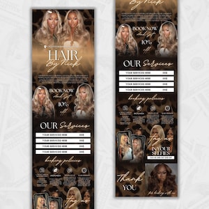 May include: A promotional flyer for "Hair By Mick" featuring images of women with long, styled blonde hair. The flyer has a leopard print background with text that reads "Book Now and Get 10% Off" and details about services.