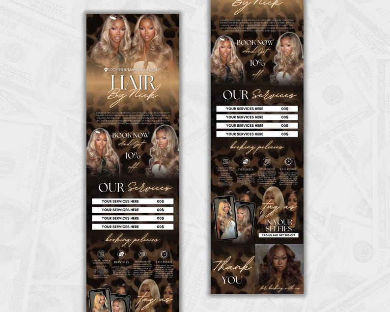 May include: A promotional flyer for "Hair By Mick" featuring images of women with long, styled blonde hair. The flyer has a leopard print background with text that reads "Book Now and Get 10% Off" and details about services.