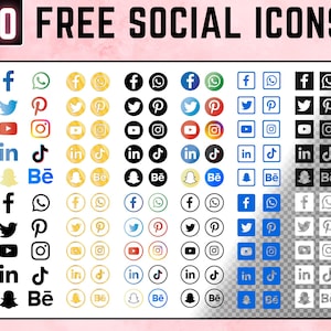 Op de afbeelding: Een verzameling van 60 gratis social media-iconen, waaronder Facebook, Twitter, Instagram en meer. De iconen zijn gerangschikt in een raster, met een roze achtergrond.
