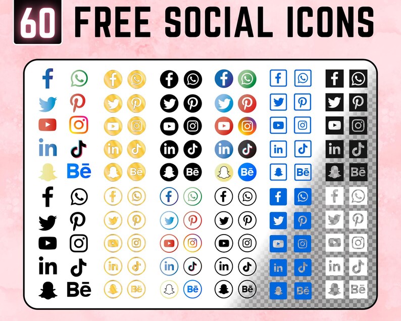Op de afbeelding: Een verzameling van 60 gratis social media-iconen, waaronder Facebook, Twitter, Instagram en meer. De iconen zijn gerangschikt in een raster, met een roze achtergrond.