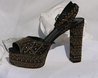 Black Platforms with Gold Embroidery and Crystals