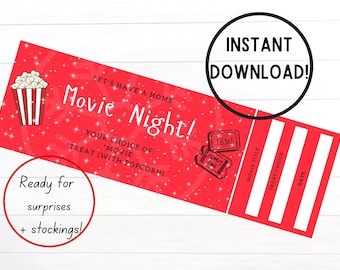 Peut inclure: Ticket de cinéma imprimable rouge et blanc pour une soirée cinéma à domicile avec des illustrations de seau de pop-corn et de billets de cinéma. Le texte indique "Let's have a home movie night! Your choice of: *Movie *Treat (with popcorn)"