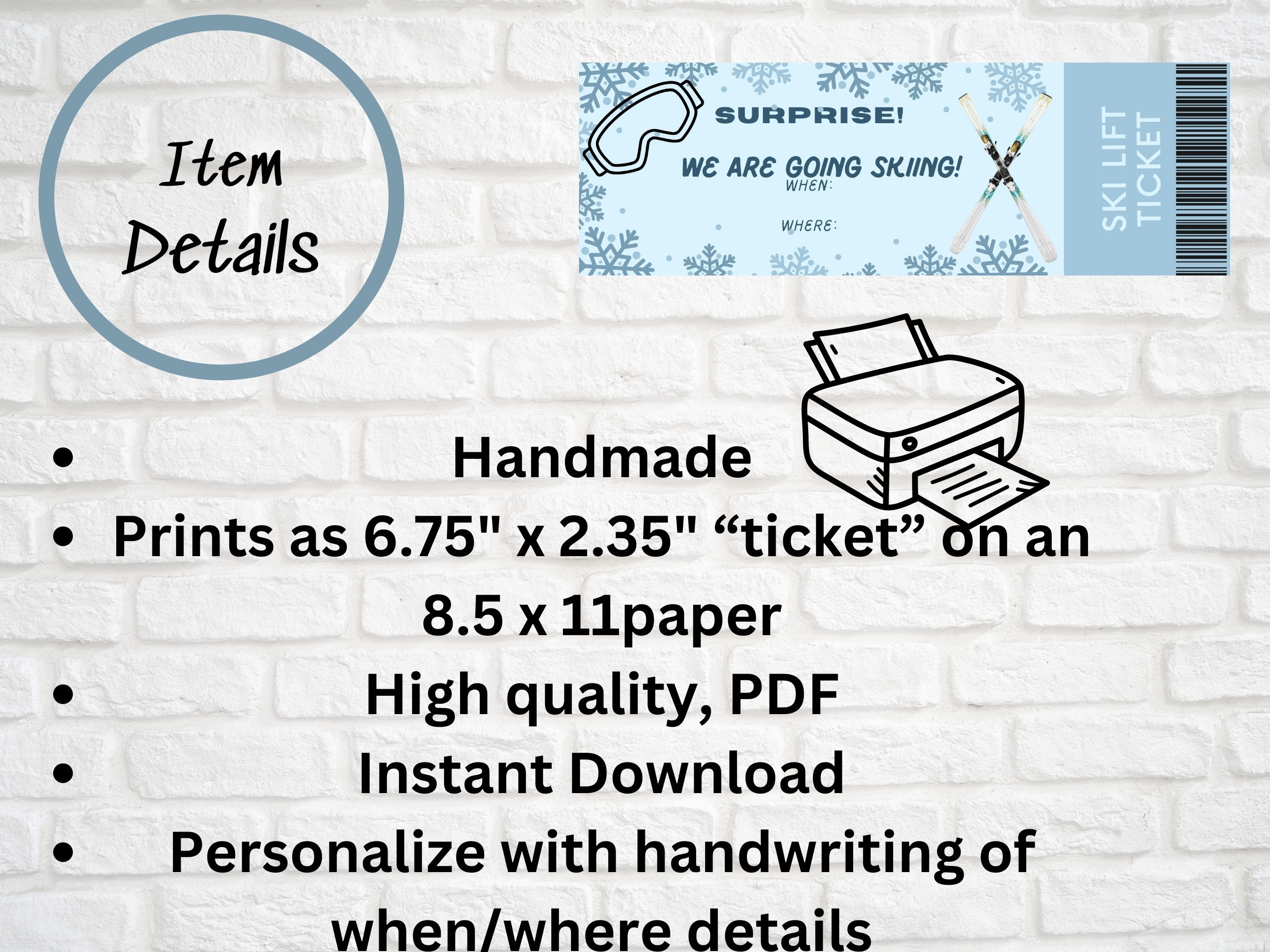 Printable Ski Ticket, Experience Gift, Ski Gift Ticket, Ski Voucher, Ski Lift Ticket, Skiing ...