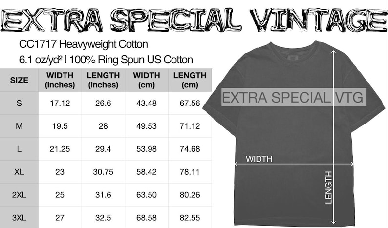 K&ouml;nnte beinhalten: Gr&ouml;&szlig;entabelle f&uuml;r ein graues T-Shirt mit dem Aufdruck "EXTRA SPECIAL VTG" auf der Vorderseite. Die Tabelle zeigt die Breite und L&auml;nge in Zoll und Zentimetern f&uuml;r die Gr&ouml;&szlig;en S bis 3XL.