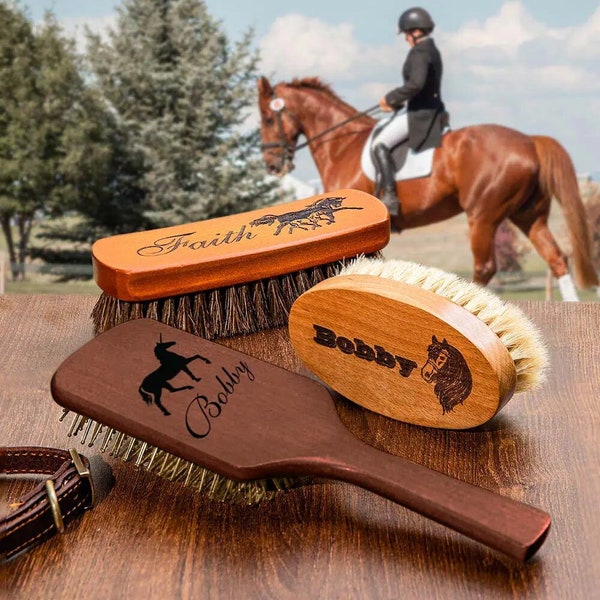 Custom Engraved Horsehair Brush and Comb | Personalized Equestrian Grooming Kit | Horse Gift For Owners | Customised Gifts for Kids