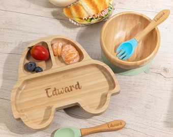 Juego de plato, cuchara y tazón de bambú personalizado para bebé con base de succión - Juego personalizado para la hora de comer del bebé