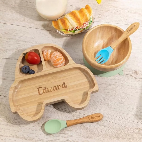 Custom Bamboo Baby Plate, Spoon, and Bowl Set with Suction Base - Personalized Baby Mealtime Set