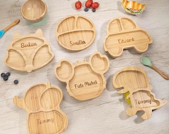 Personalized Bamboo Baby and Toddler Plate, Spoon, and Bowl Set with Secure Suction Base