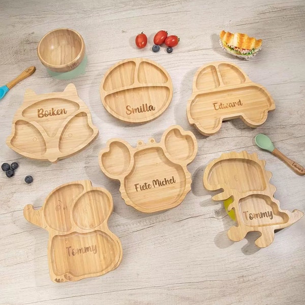 Ensemble d'assiettes, cuillères et bols en bambou personnalisés pour bébés et tout-petits avec base à ventouse sécurisée
