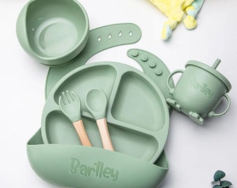 Custom Name Baby Silicone Weaning Set Engraved Bib, Suction Bowl, Plate, Spoon - Baby Toddler Feeding Essentials Personalized Engraved Gift