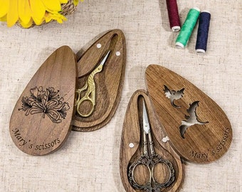 Custom European Stork Style Scissors with Engraved Magnetic Wood Box | Vintage Art Embroidery Needlework Sewing | Personalized Women Gift