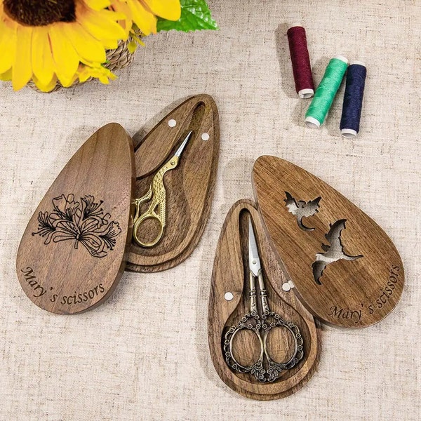 Custom European Stork Style Scissors with Engraved Magnetic Wood Box | Vintage Art Embroidery Needlework Sewing | Personalized Women Gift