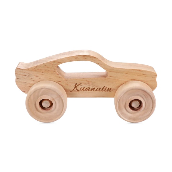 Coche de juguete de madera personalizado con nombre personalizado - Conjunto de vehículos hechos a mano para niños y niños - Regalo de cumpleaños Montessori de juego de simulación
