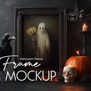 Halloween Wand Kunst Rahmen Mockup, dunkles vertikales Poster PSD Mockup, Nahaufnahme Rahmen Mockups, gruseliges Kunstwerk Mockup